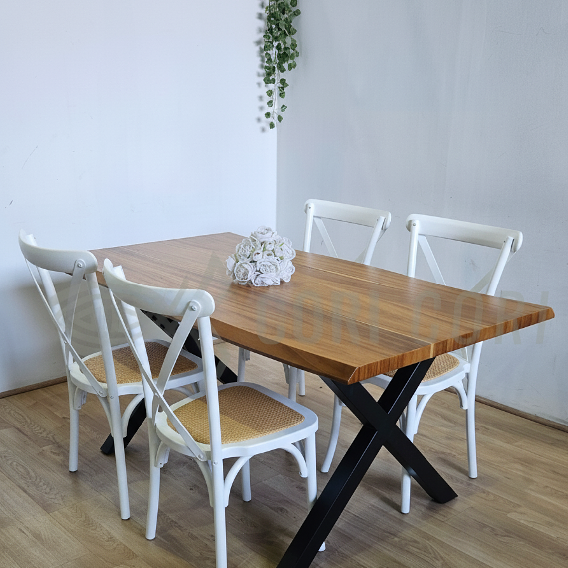 Juego de Comedor Medlock Rústica 160x90 cm + 4 Sillas Crossback Madera 16