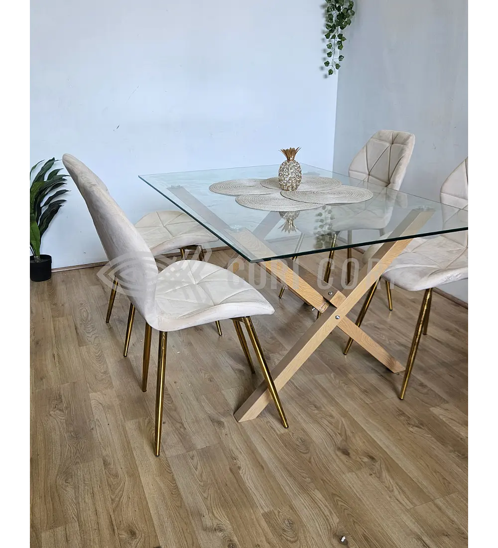 Comedor Medlock 140 x 90cm + 4 Sillas Fiori Velvet Gold