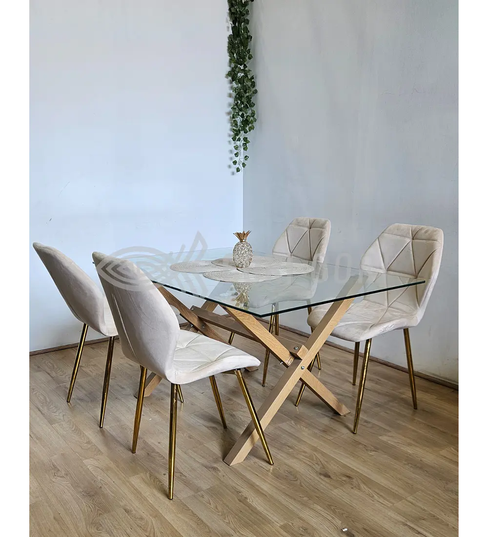 Comedor Medlock 140 x 90cm + 4 Sillas Fiori Velvet Gold