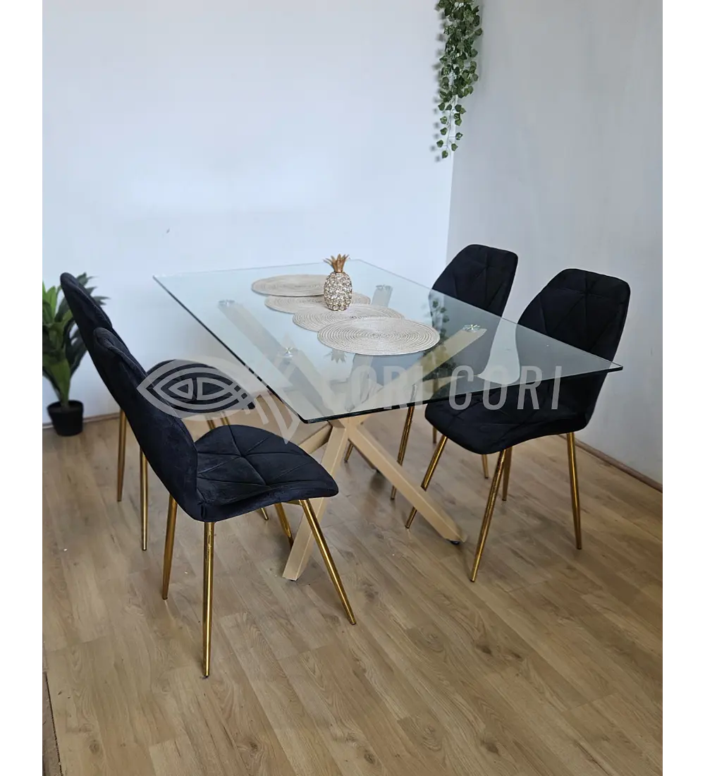 Comedor Madrid 140 x 80cm + 4 Sillas Fiori Velvet Gold