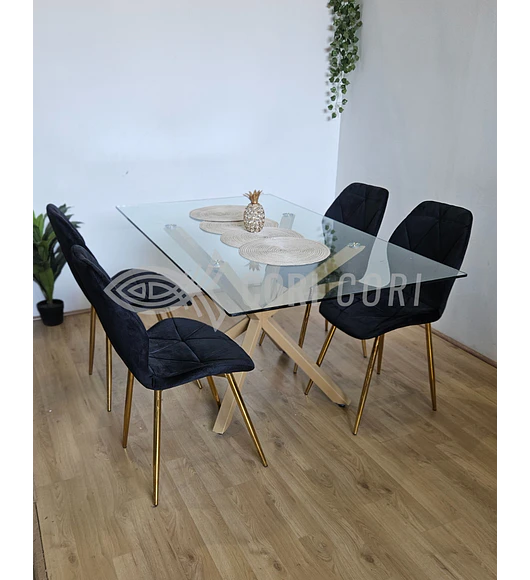 Comedor Madrid 140 x 80cm + 4 Sillas Fiori Velvet Gold