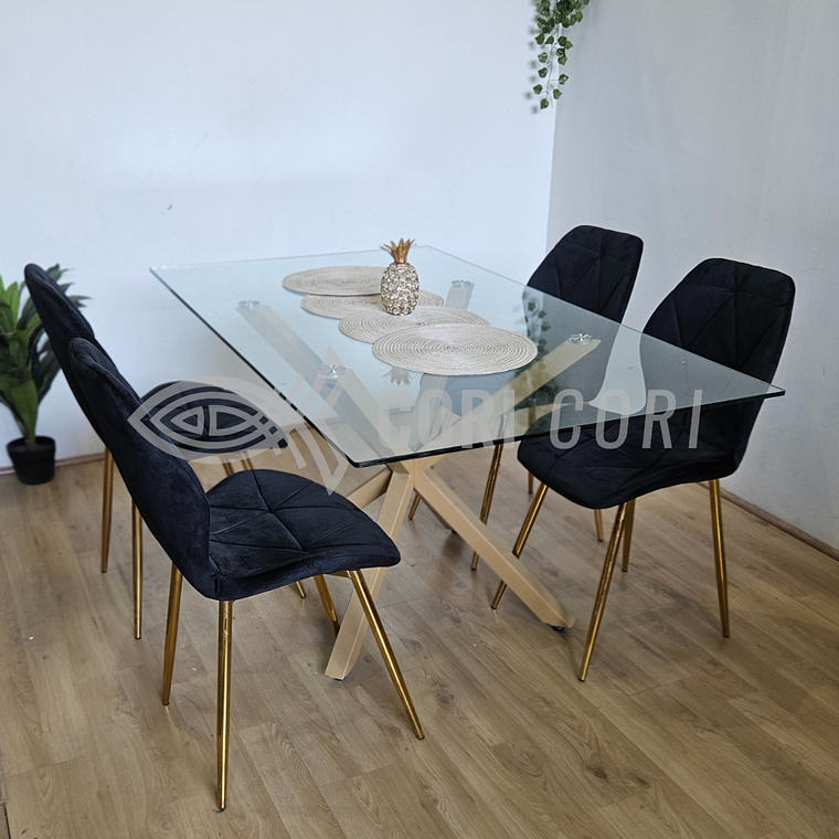 Comedor Madrid 140 x 80cm + 4 Sillas Fiori Velvet Gold 1