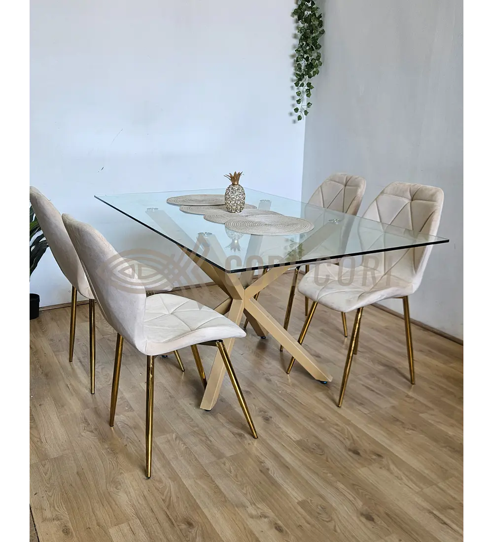 Comedor Madrid 140 x 80cm + 4 Sillas Fiori Velvet Gold