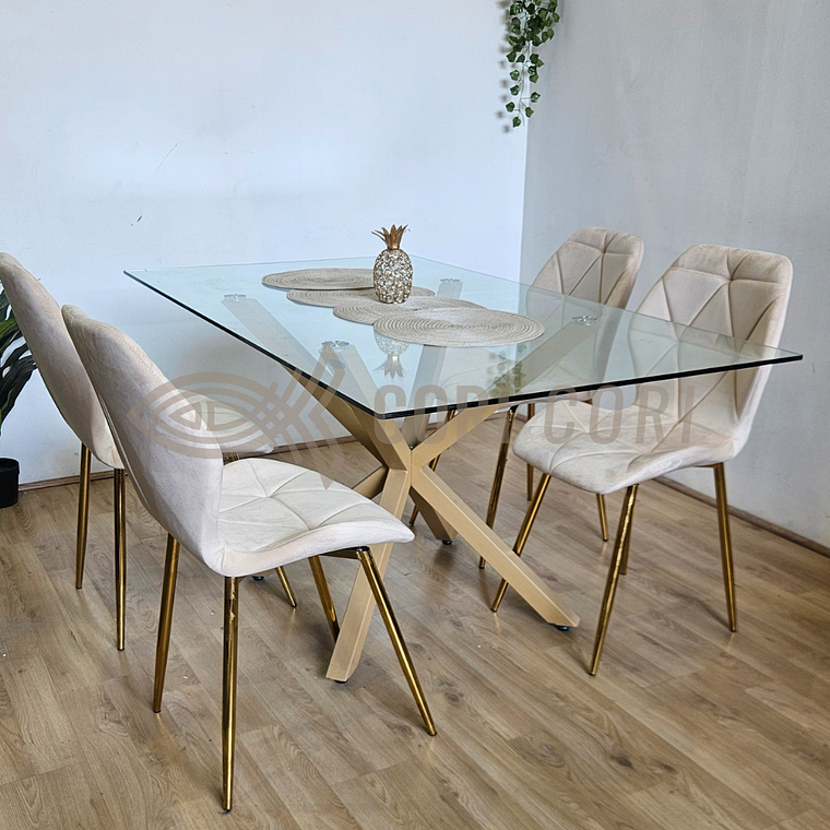 Comedor Madrid 140 x 80cm + 4 Sillas Fiori Velvet Gold 2