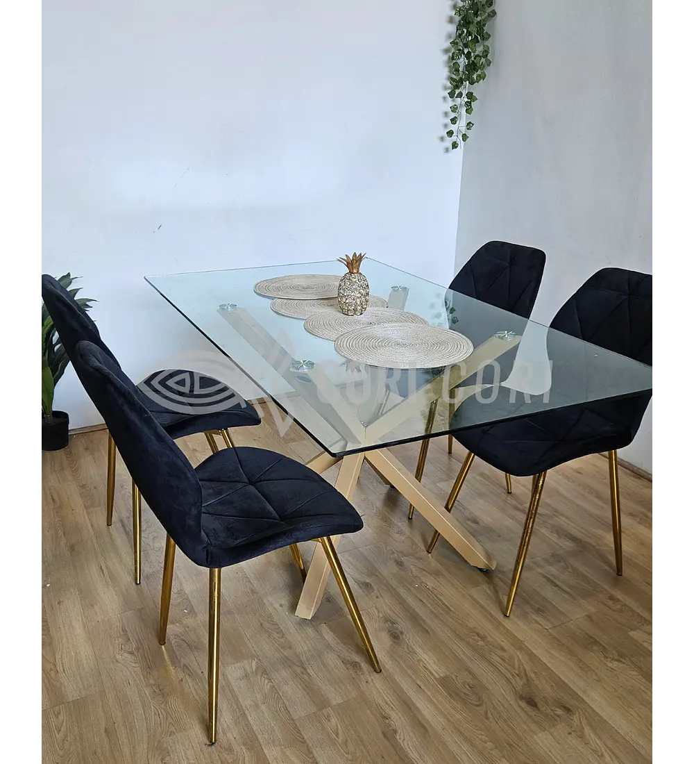 Comedor Madrid 140 x 80cm + 4 Sillas Fiori Velvet Gold