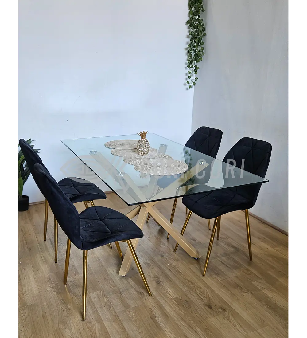 Comedor Madrid 140 x 80cm + 4 Sillas Fiori Velvet Gold