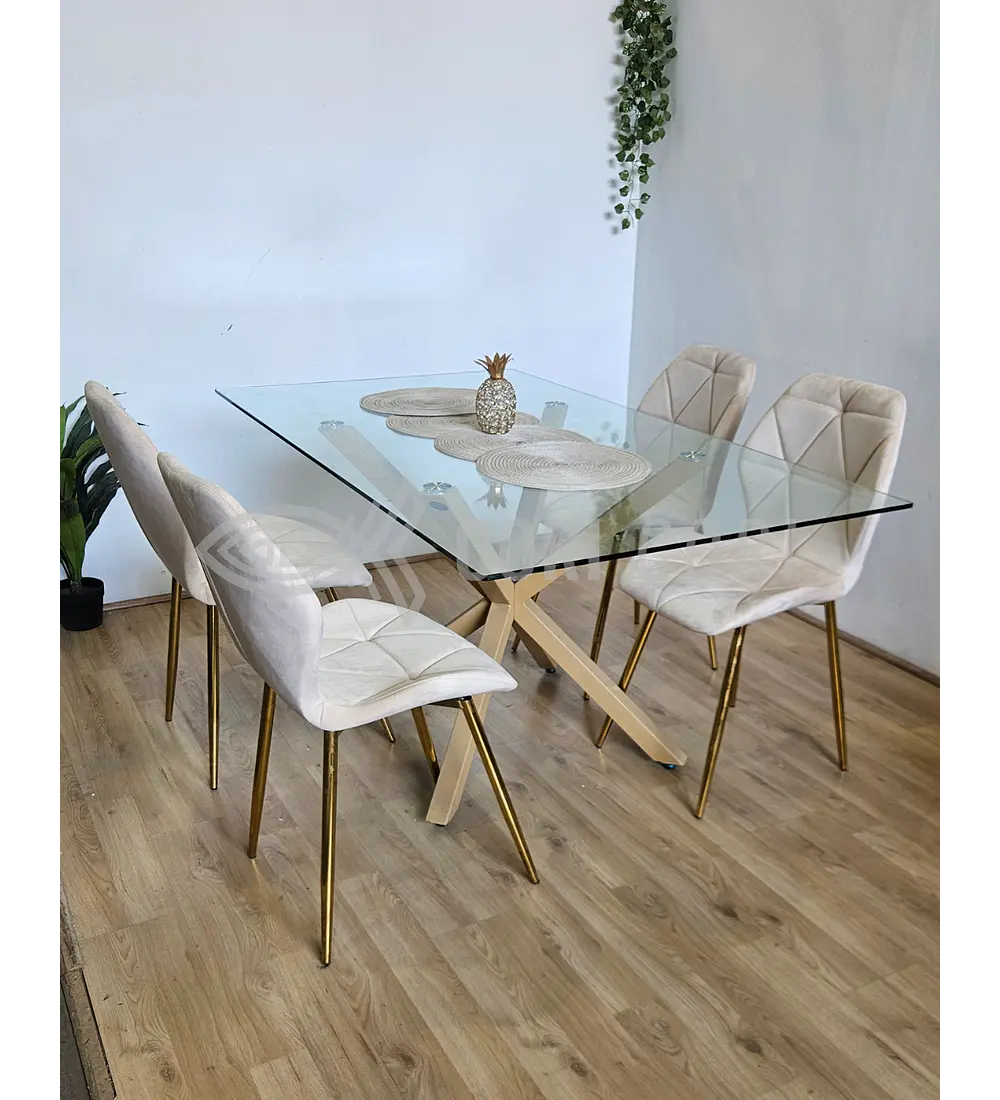 Comedor Madrid 140 x 80cm + 4 Sillas Fiori Velvet Gold