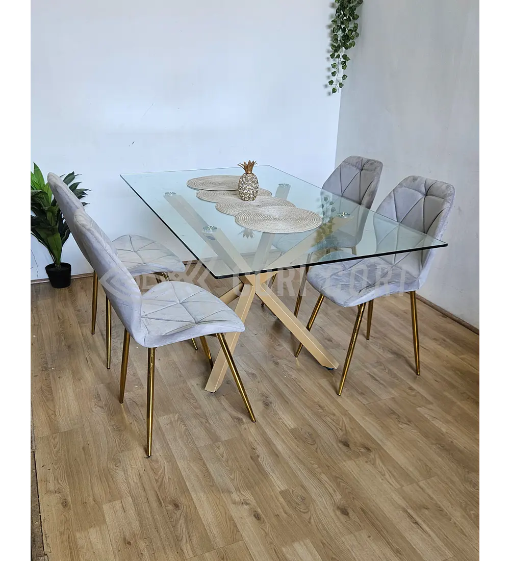 Comedor Madrid 140 x 80cm + 4 Sillas Fiori Velvet Gold