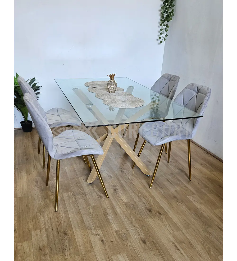 Comedor Madrid 140 x 80cm + 4 Sillas Fiori Velvet Gold