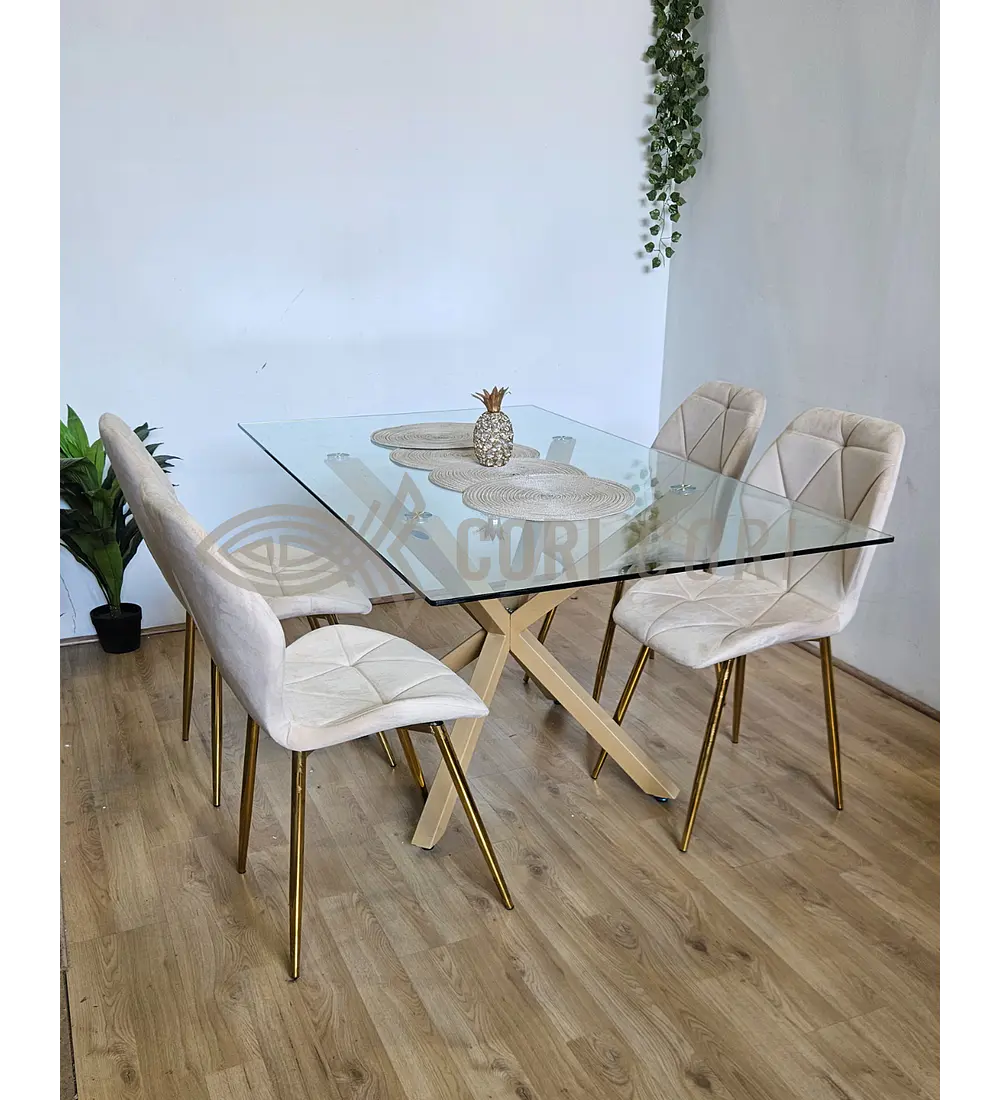Comedor Madrid 140 x 80cm + 4 Sillas Fiori Velvet Gold