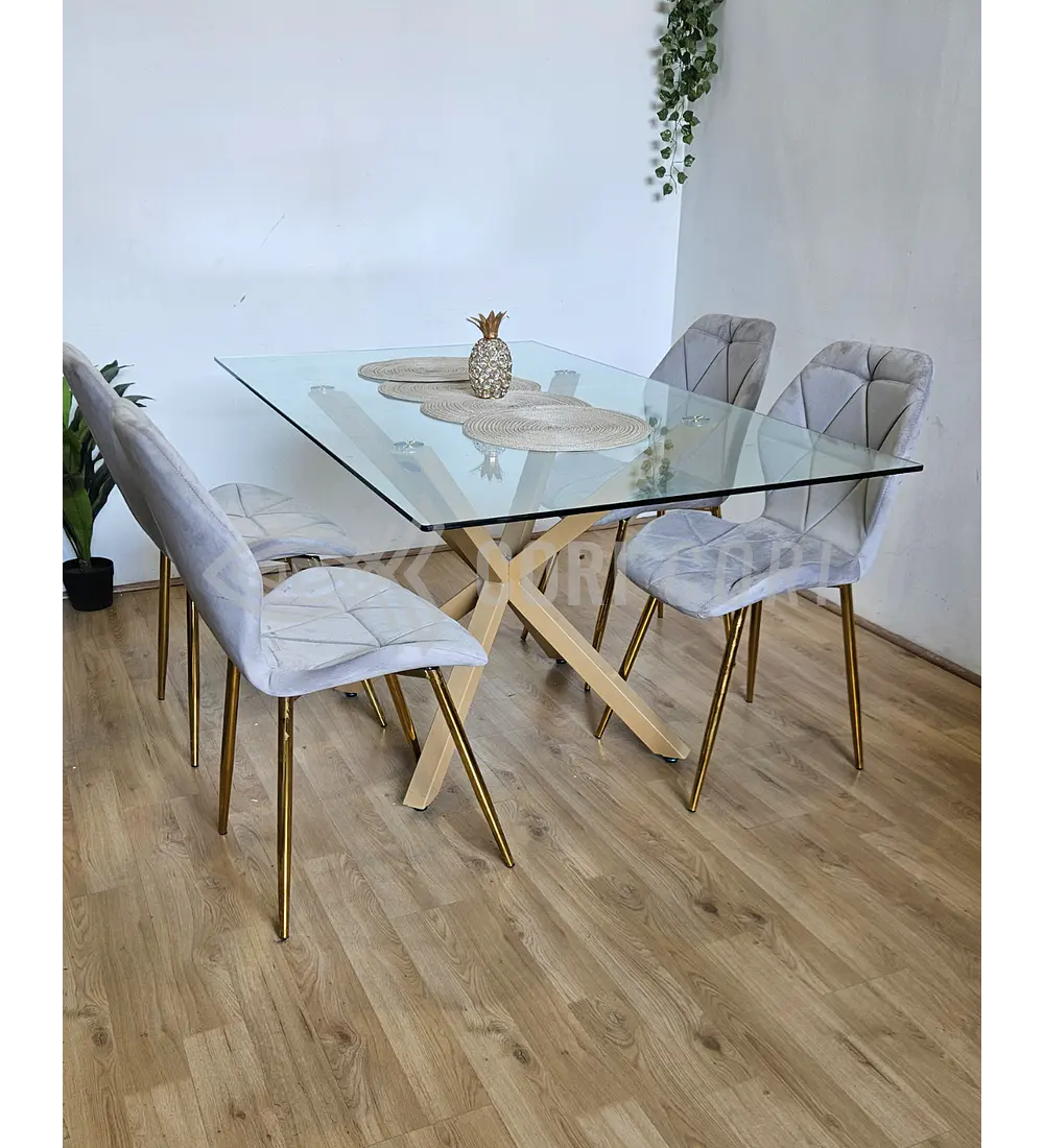 Comedor Madrid 140 x 80cm + 4 Sillas Fiori Velvet Gold