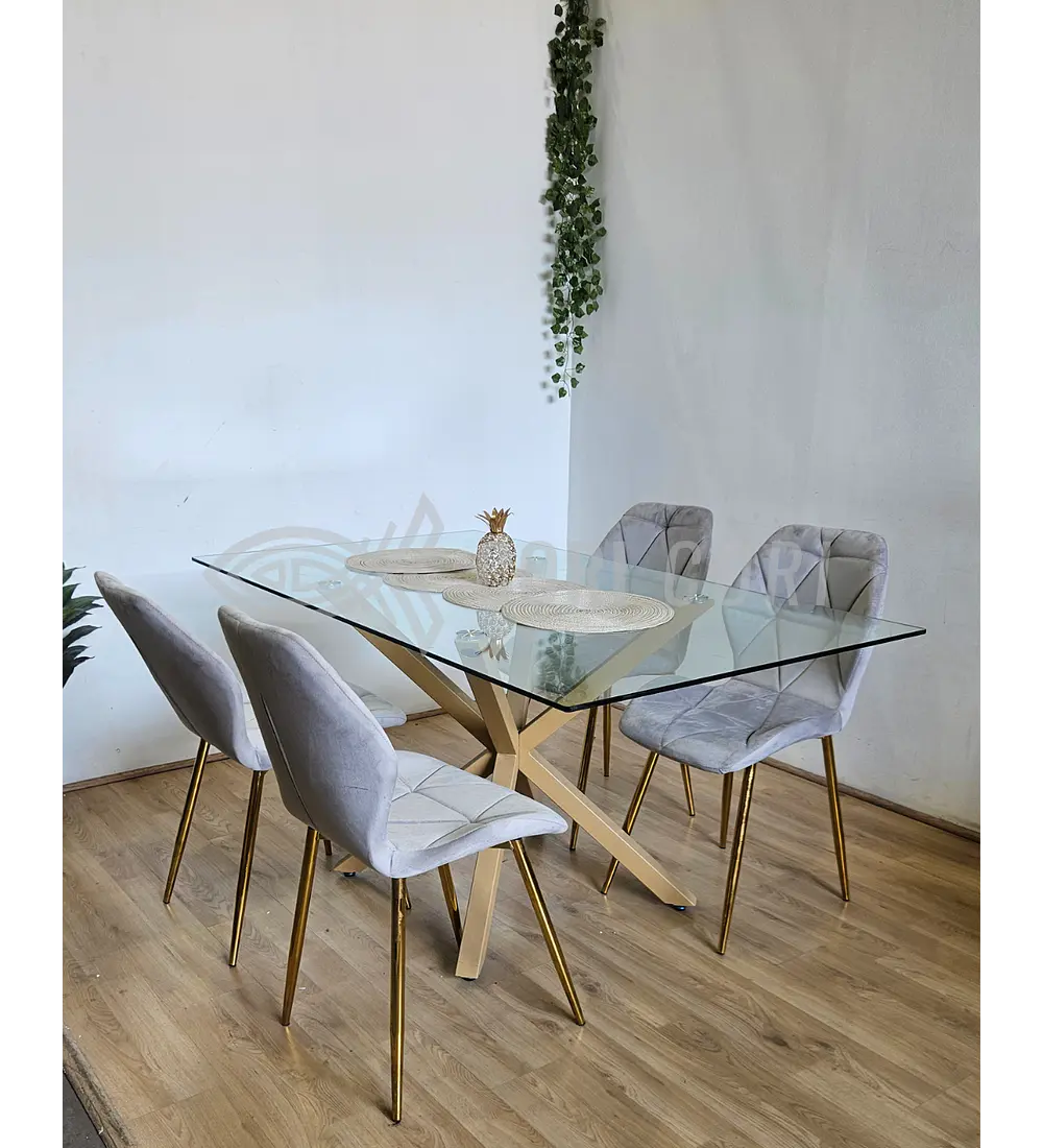 Comedor Madrid 140 x 80cm + 4 Sillas Fiori Velvet Gold
