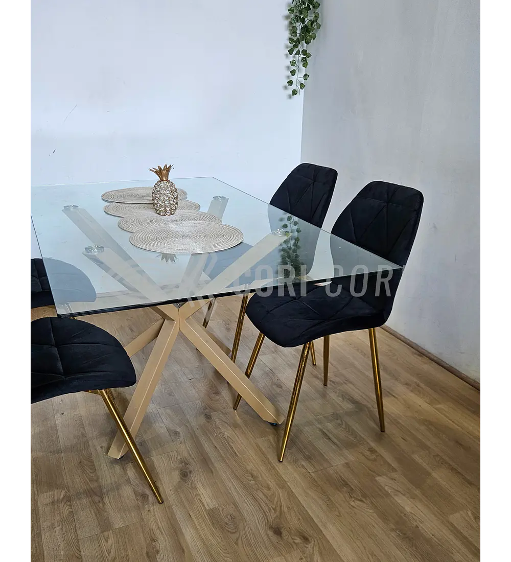 Comedor Madrid 140 x 80cm + 4 Sillas Fiori Velvet Gold