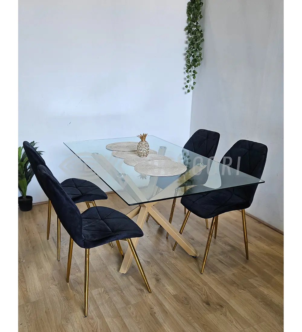 Comedor Madrid 140 x 80cm + 4 Sillas Fiori Velvet Gold