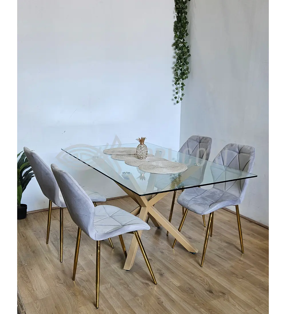 Comedor Madrid 140 x 80cm + 4 Sillas Fiori Velvet Gold