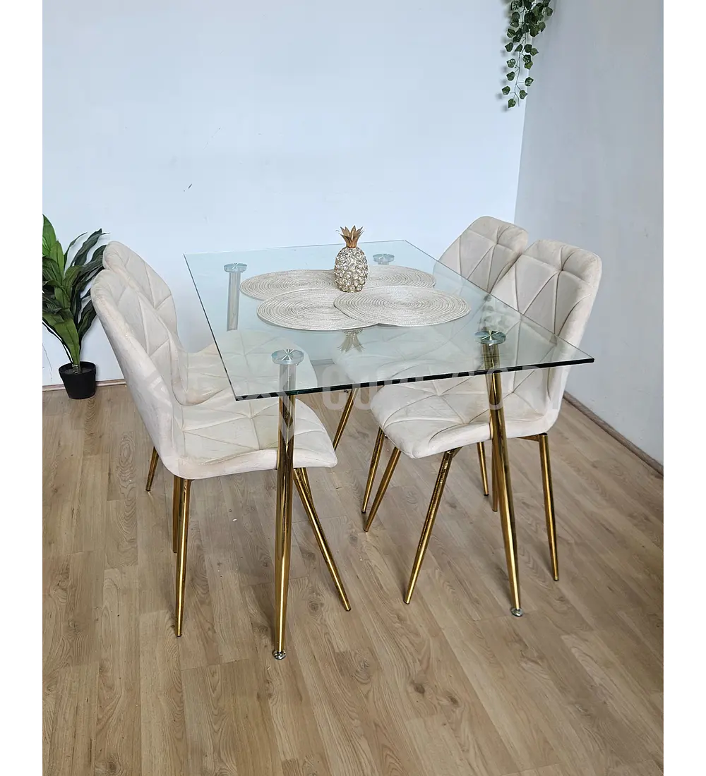 Comedor Rubi Gold 130 x80cms  + 4 Sillas Fiori Velvet Gold