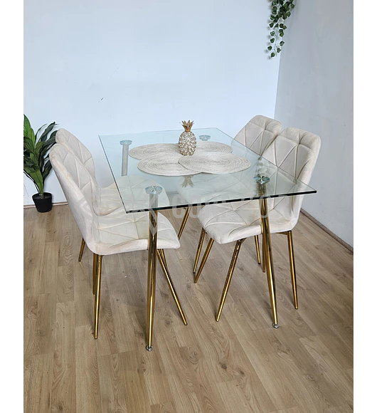 Comedor Rubi Gold 130 x80cms  + 4 Sillas Fiori Velvet Gold