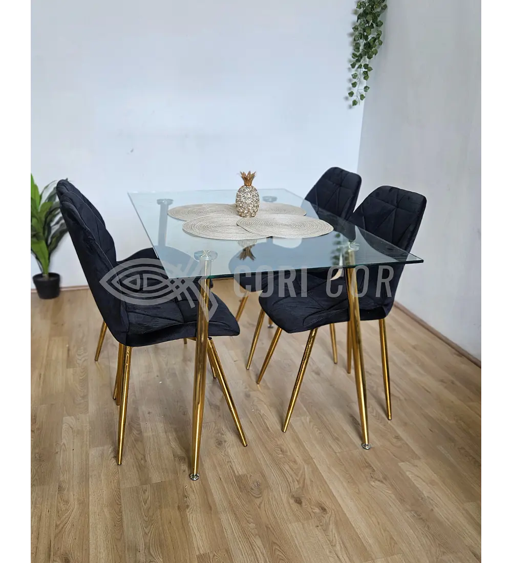 Comedor Rubi Gold 130 x80cms  + 4 Sillas Fiori Velvet Gold