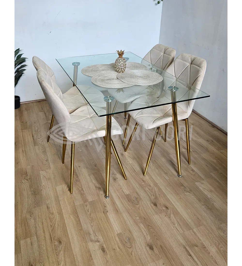 Comedor Rubi Gold 130 x80cms  + 4 Sillas Fiori Velvet Gold