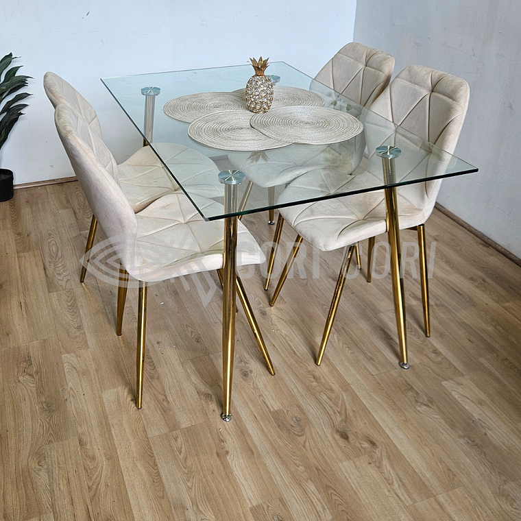 Comedor Rubi Gold 130 x80cms  + 4 Sillas Fiori Velvet Gold 3