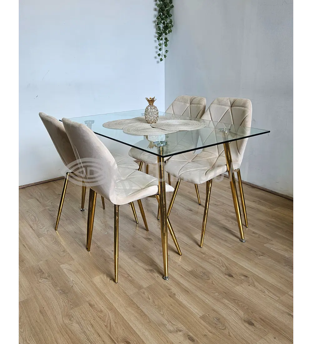 Comedor Rubi Gold 130 x80cms  + 4 Sillas Fiori Velvet Gold