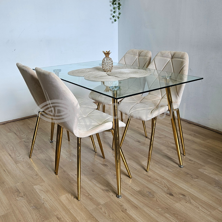 Comedor Rubi Gold 130 x80cms  + 4 Sillas Fiori Velvet Gold 4