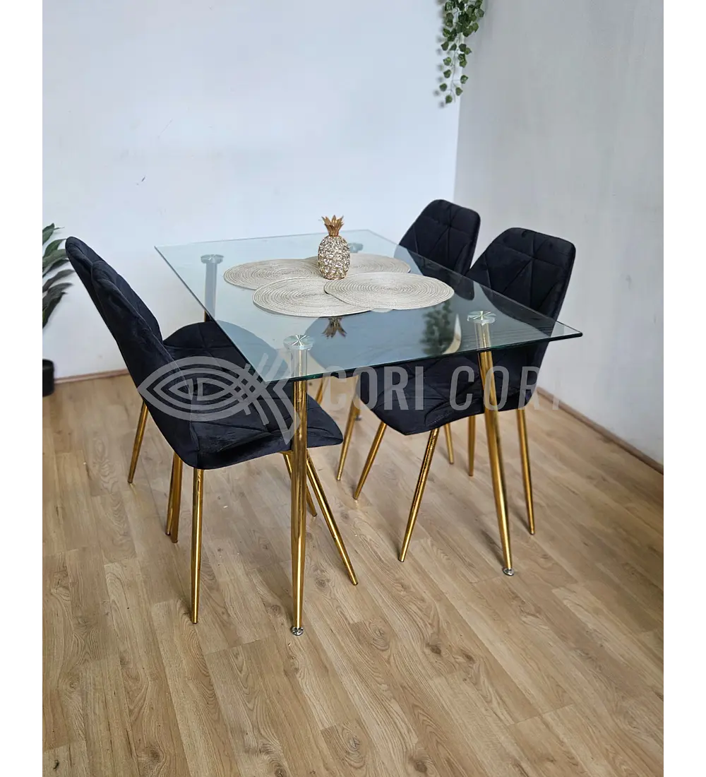 Comedor Rubi Gold 130 x80cms  + 4 Sillas Fiori Velvet Gold