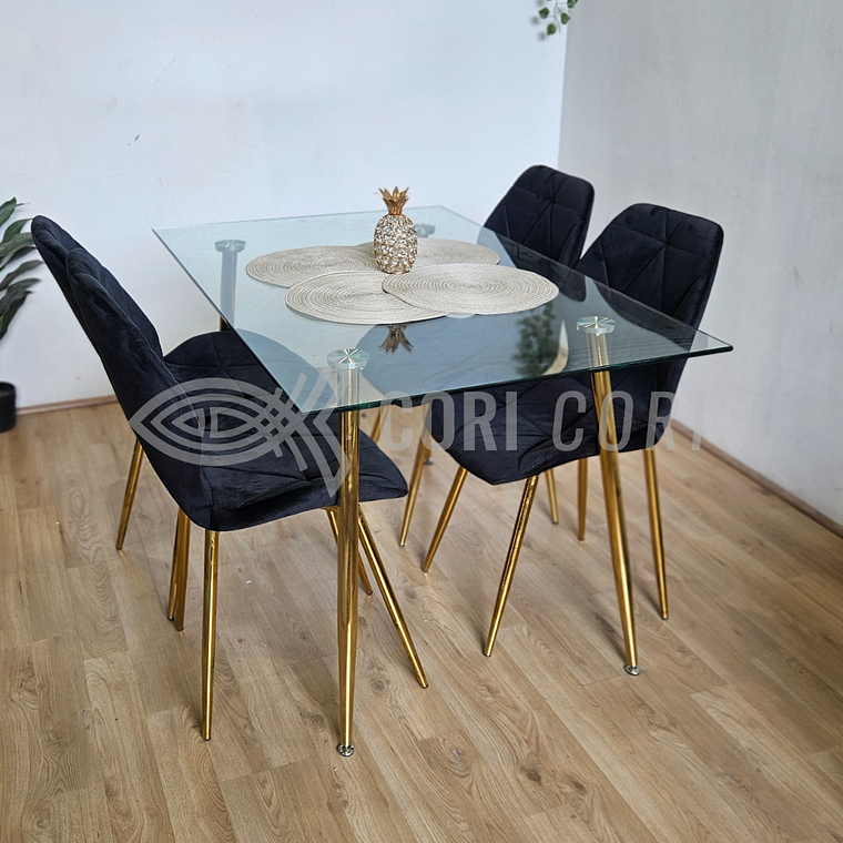 Comedor Rubi Gold 130 x80cms  + 4 Sillas Fiori Velvet Gold 5