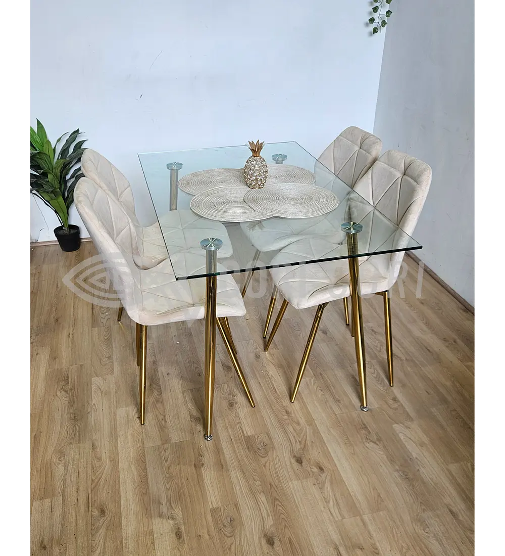 Comedor Rubi Gold 130 x80cms  + 4 Sillas Fiori Velvet Gold