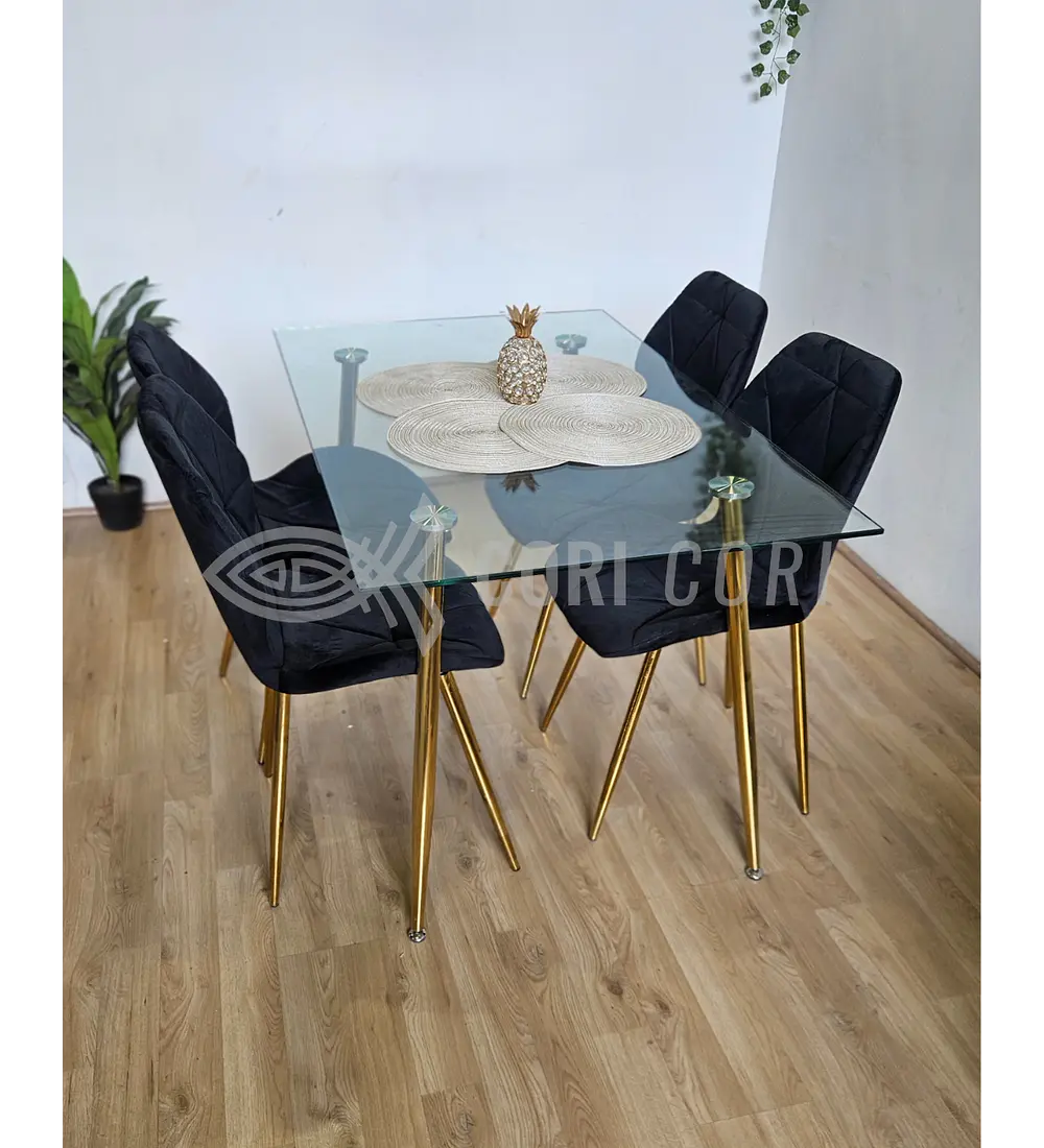 Comedor Rubi Gold 130 x80cms  + 4 Sillas Fiori Velvet Gold