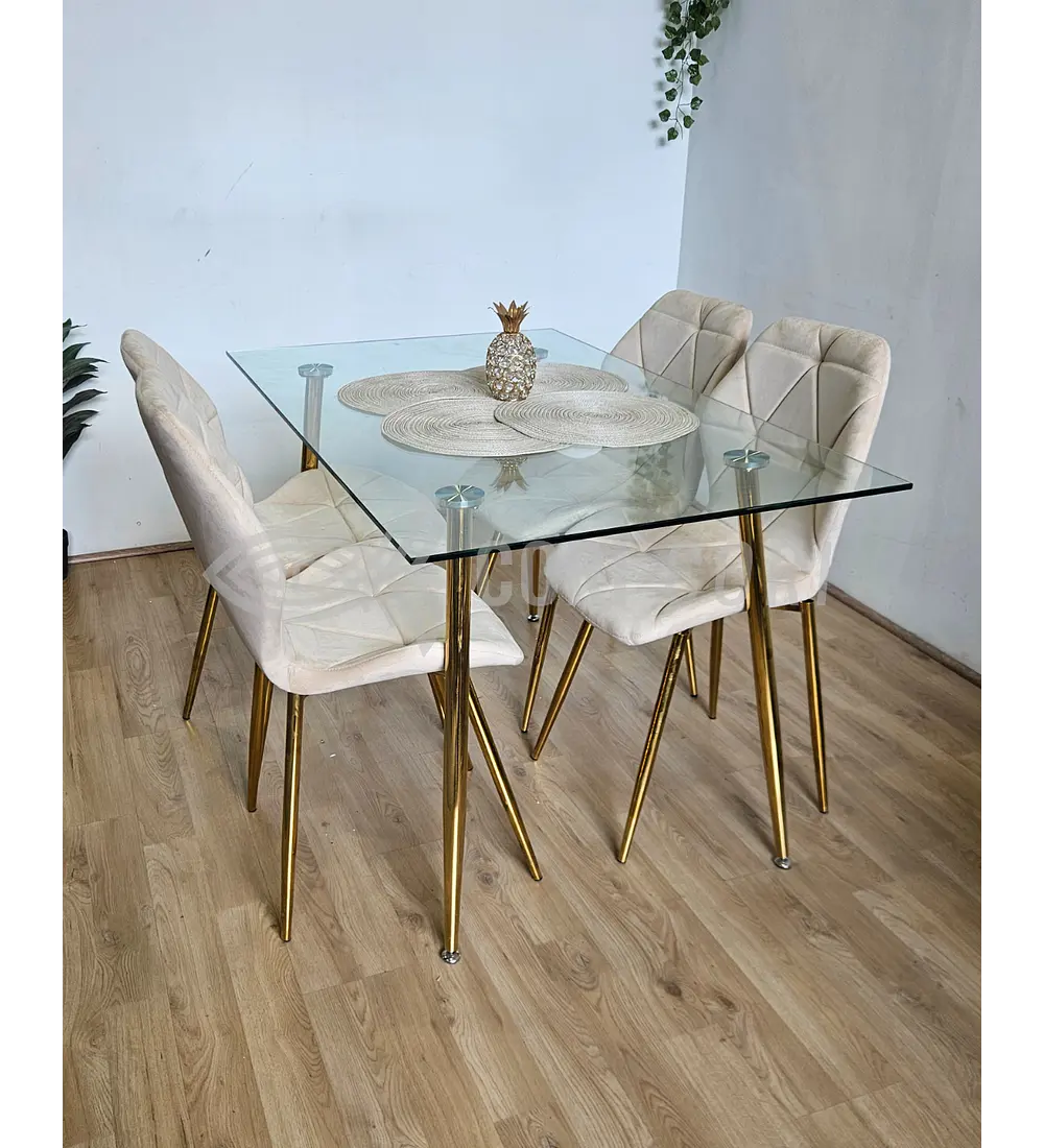 Comedor Rubi Gold 130 x80cms  + 4 Sillas Fiori Velvet Gold