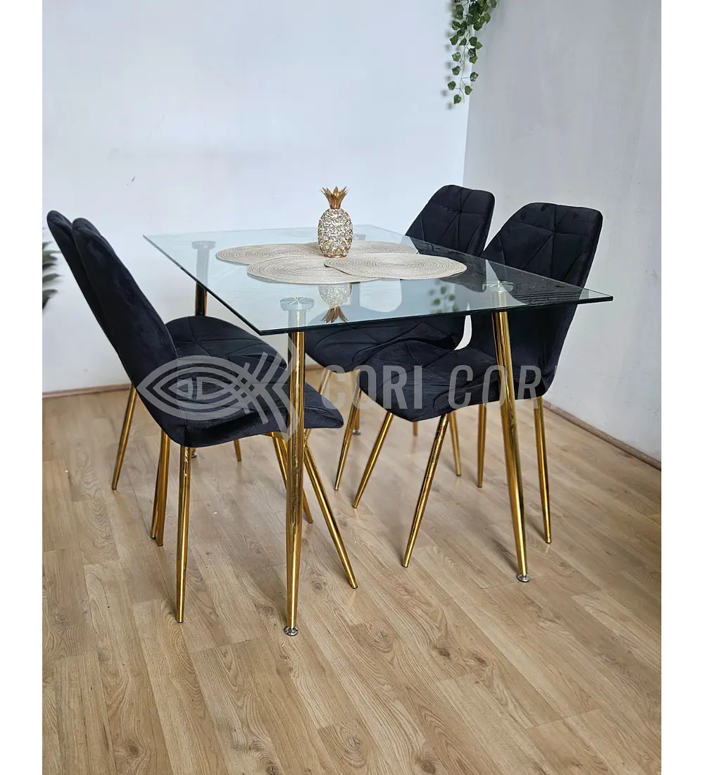 Comedor Rubi Gold 130 x80cms  + 4 Sillas Fiori Velvet Gold