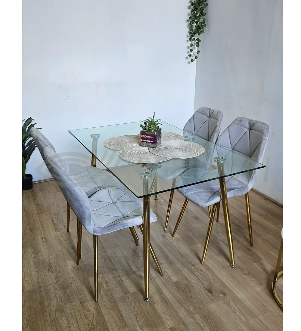 Comedor Rubi Gold 130 x80cms  + 4 Sillas Fiori Velvet Gold