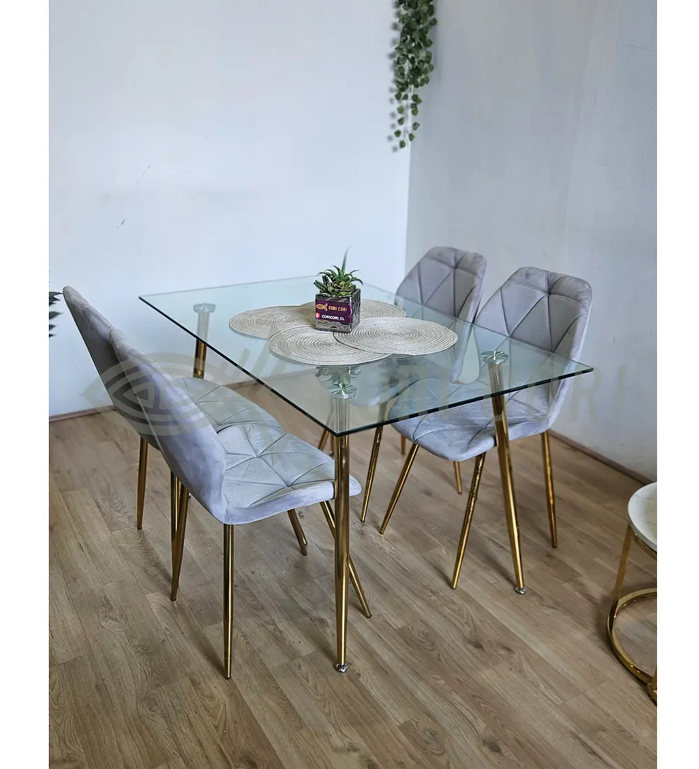Comedor Rubi Gold 130 x80cms  + 4 Sillas Fiori Velvet Gold