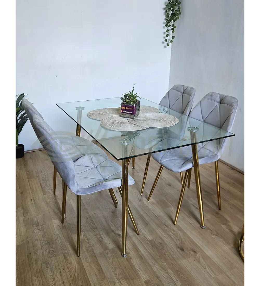 Comedor Rubi Gold 130 x80cms  + 4 Sillas Fiori Velvet Gold