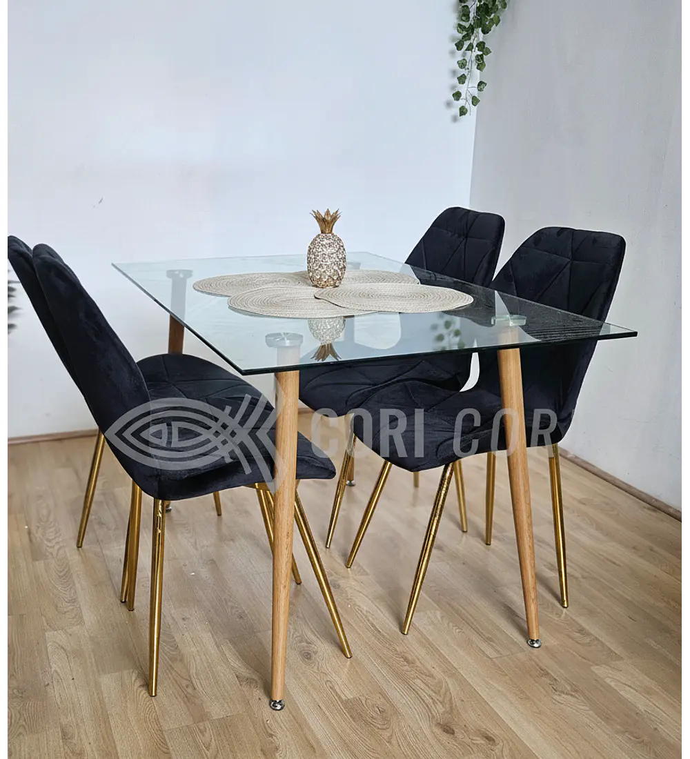 Comedor Rubi Gold 120 x80cms  + 4 Sillas Fiori Velvet Gold