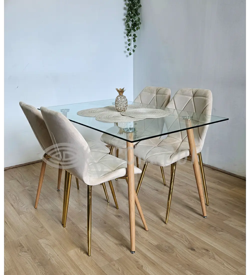 Comedor Rubi Gold 120 x80cms  + 4 Sillas Fiori Velvet Gold