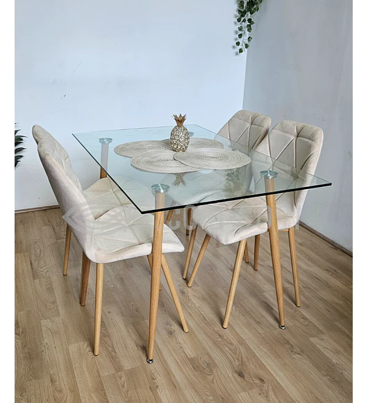Comedor Rubi Gold 120 x80cms  + 4 Sillas Fiori Velvet Wood