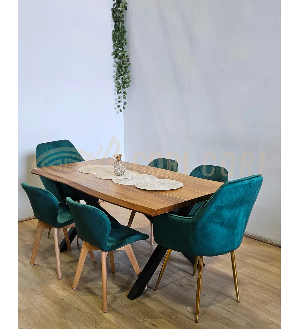 Juego de Comedor Medlock Rústica 160x90 cm + 4 Sillas Mariposa Velvet + 2 Poltrona Diamante