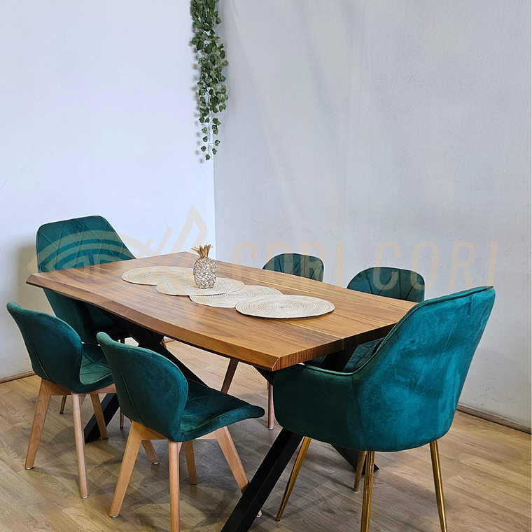 Juego de Comedor Medlock Rústica 160x90 cm + 4 Sillas Mariposa Velvet + 2 Poltrona Diamante 1