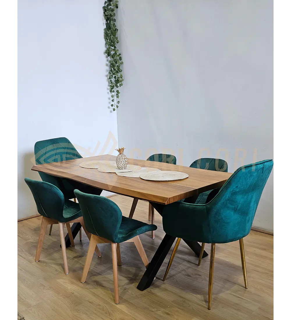 Juego de Comedor Medlock Rústica 160x90 cm + 4 Sillas Mariposa Velvet + 2 Poltrona Diamante
