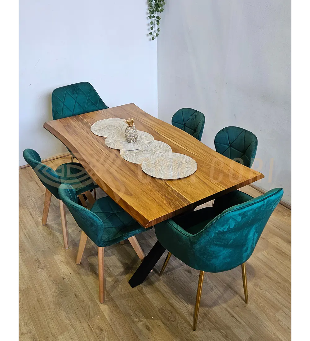 Juego de Comedor Medlock Rústica 160x90 cm + 4 Sillas Mariposa Velvet + 2 Poltrona Diamante