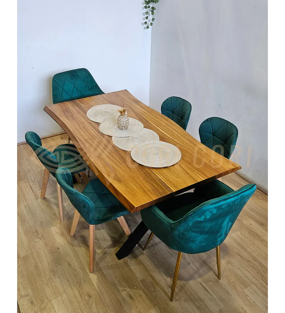 Juego de Comedor Medlock Rústica 160x90 cm + 4 Sillas Mariposa Velvet + 2 Poltrona Diamante