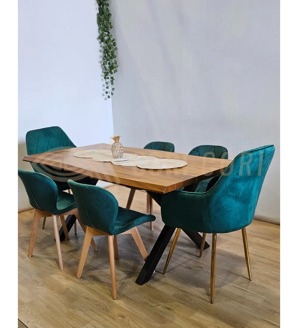 Juego de Comedor Medlock Rústica 160x90 cm + 4 Sillas Mariposa Velvet + 2 Poltrona Diamante
