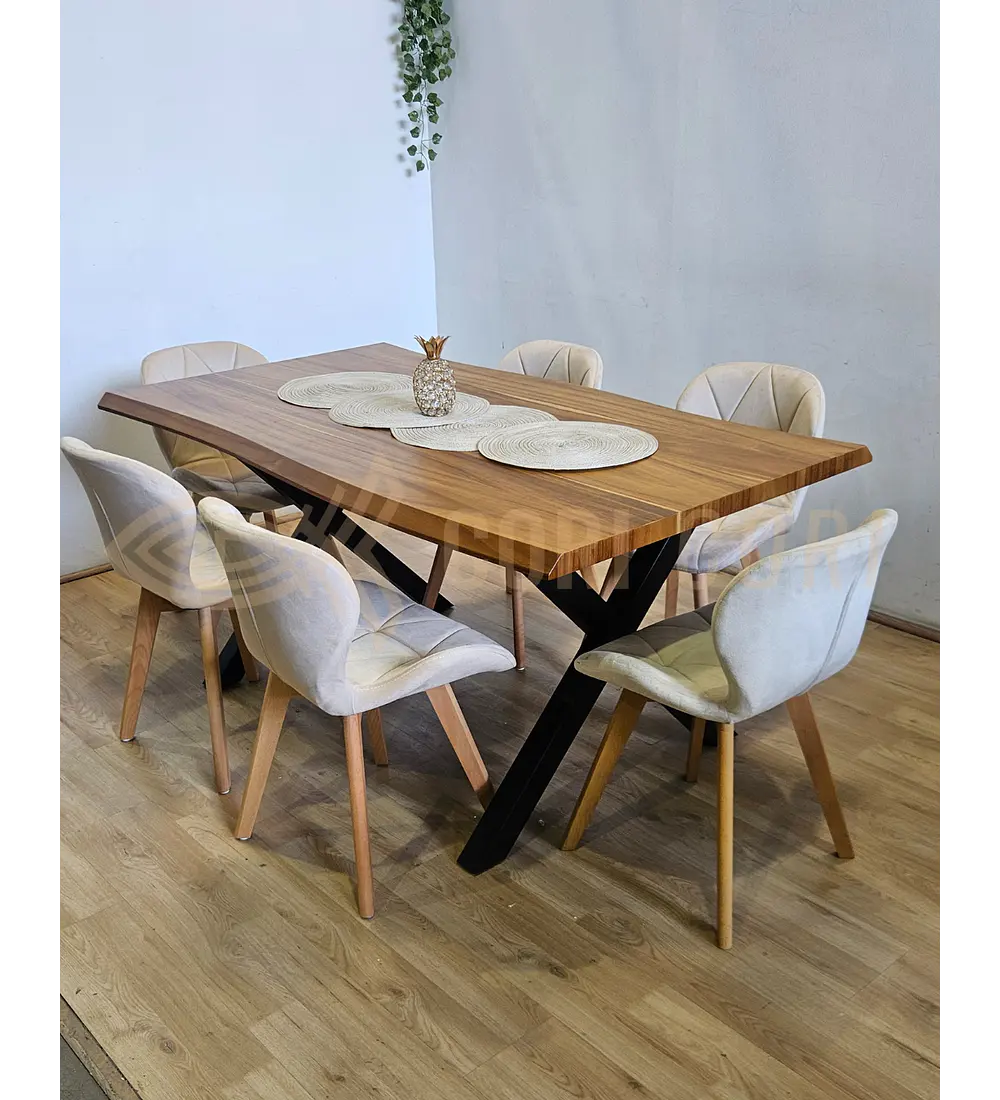 Juego de Comedor Medlock Rústica 160x90 cm + 6 Sillas Mariposa Velvet
