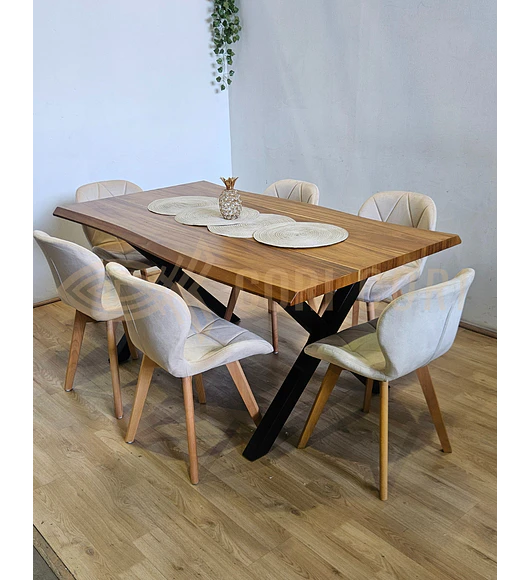 Juego de Comedor Medlock Rústica 160x90 cm + 6 Sillas Mariposa Velvet