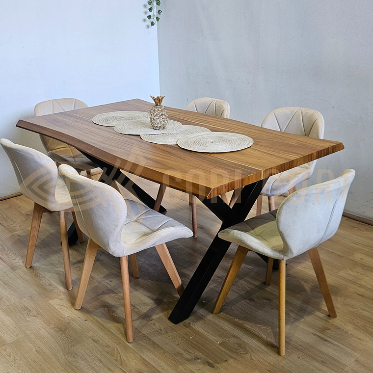 Juego de Comedor Medlock Rústica 160x90 cm + 6 Sillas Mariposa Velvet 3