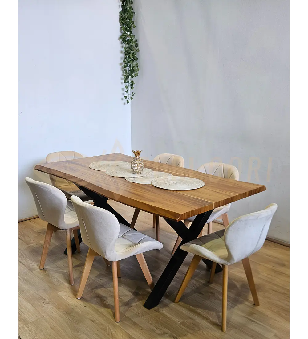 Juego de Comedor Medlock Rústica 160x90 cm + 6 Sillas Mariposa Velvet