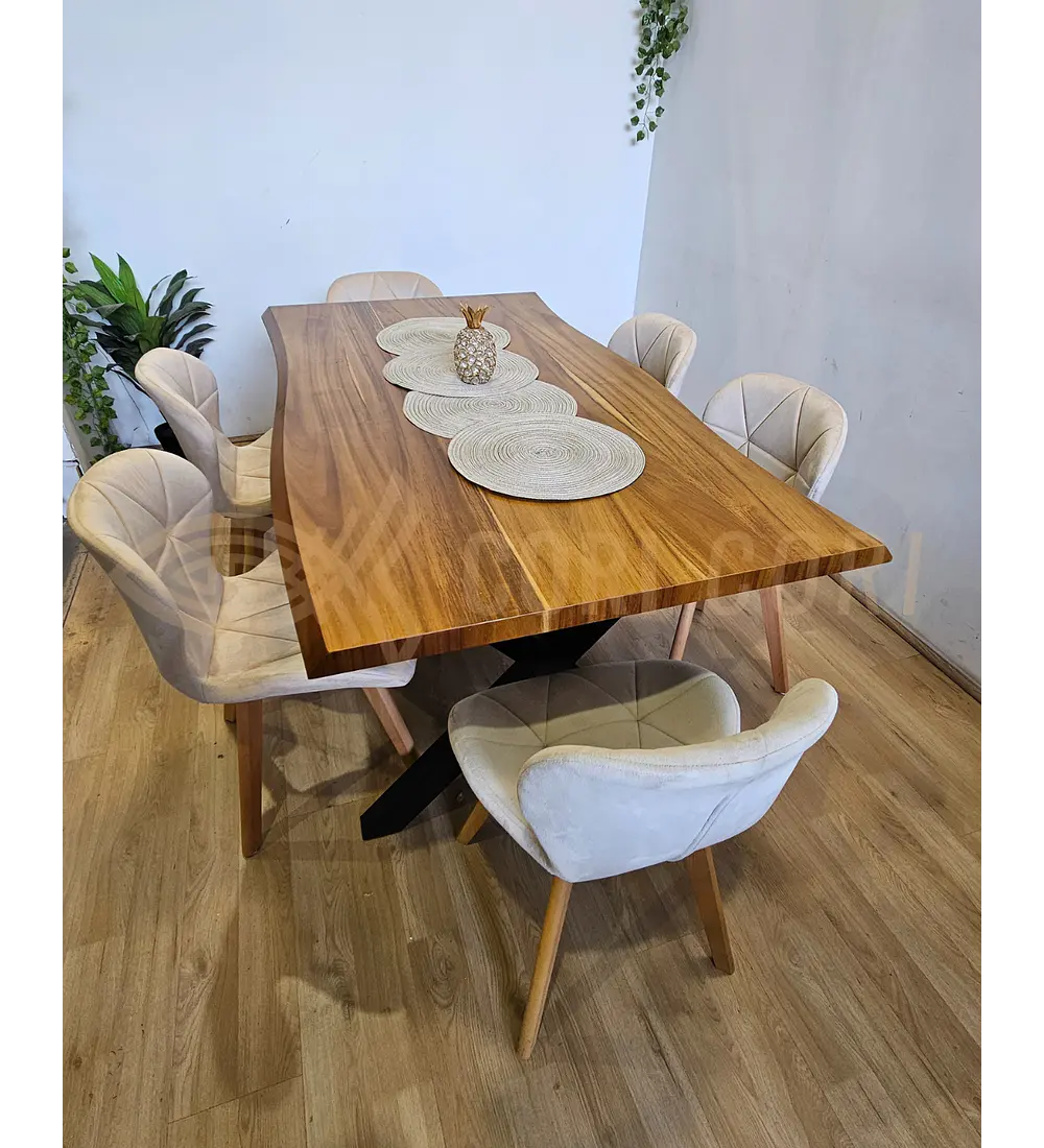Juego de Comedor Medlock Rústica 160x90 cm + 6 Sillas Mariposa Velvet