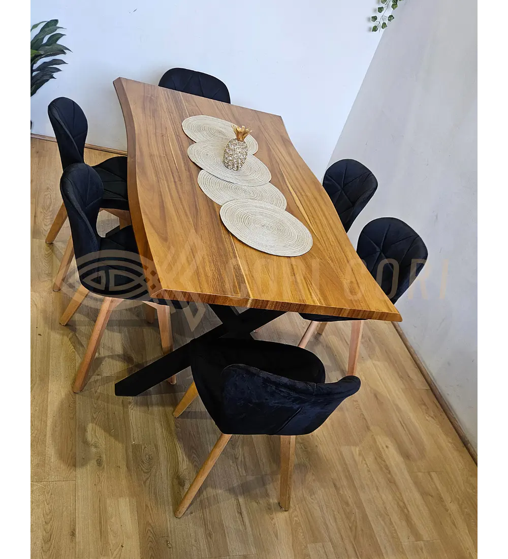 Juego de Comedor Medlock Rústica 160x90 cm + 6 Sillas Mariposa Velvet